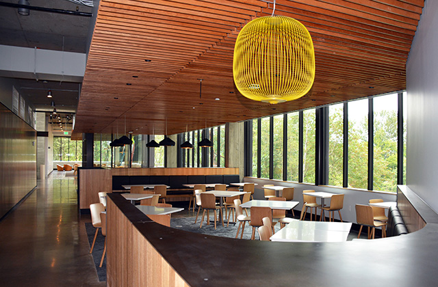 A long view of the Center Table dining area, with many clean, empty tables and windows looking out onto greenery